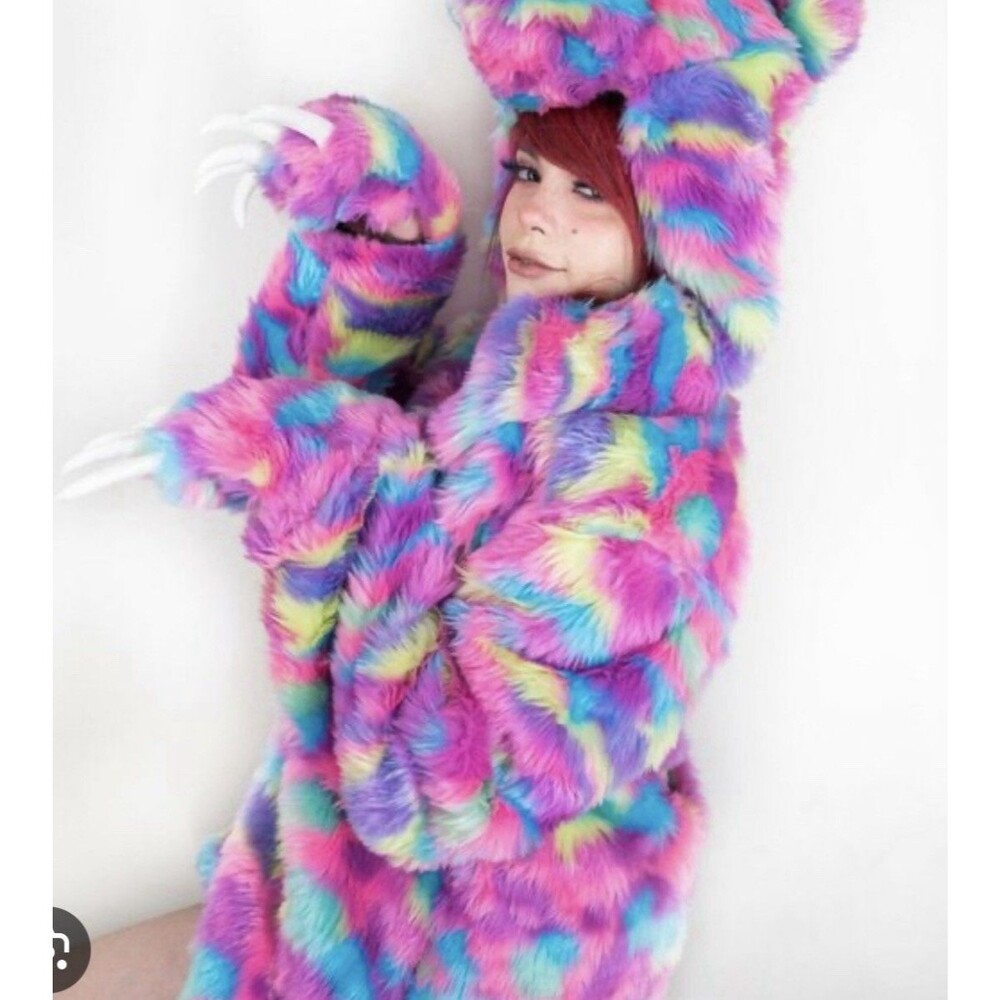 Black Light Reactive Flouresent Bear Classic Faux Fur Coat Jacket Rave Festival